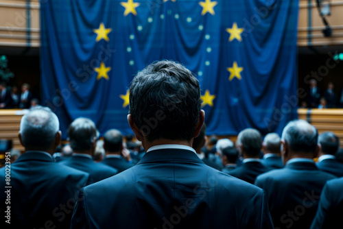 Behind the Scenes: Unseen Politicians at EU Parliament in Front of European Union Flag
