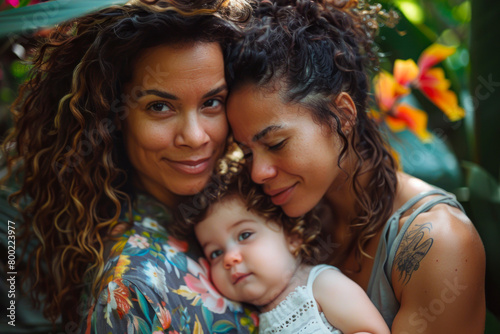Portrait of a Same-Sex Family: Two Moms Embracing Their Young Child photo