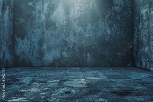 Grunge Blue Concrete Walls and Floor in Dark Room 
