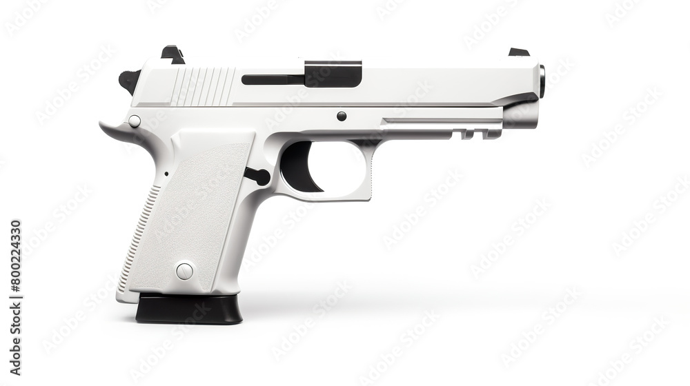 Black handgun isolated against a stark white background