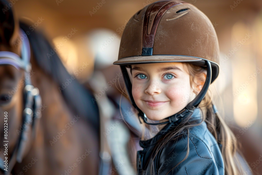 Joyful young equestrian posing for the camera during horseback riding lesson in helmet Joyful young equestrian posing for the camera during horseback riding lesson in helmet