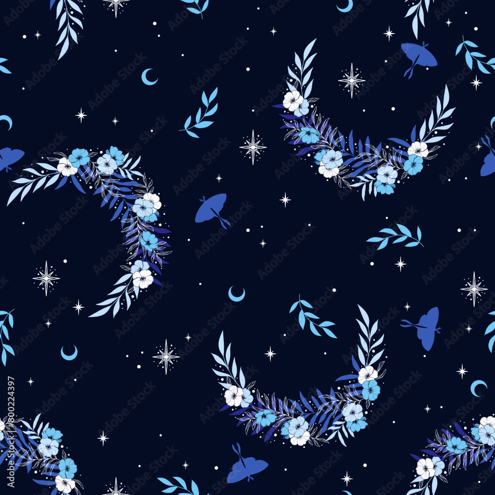 Vector magic seamless pattern with moon, plants and stars. Mystical esoteric background for design of fabric, packaging, astrology, phone case, wrapping paper. 