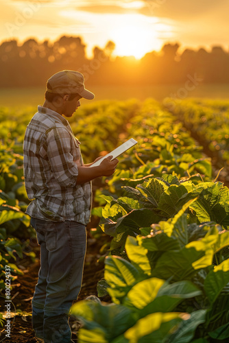 Agriculture work on cropping data analysis by tablet and flare light morning in tobacco farm field  © Fabio