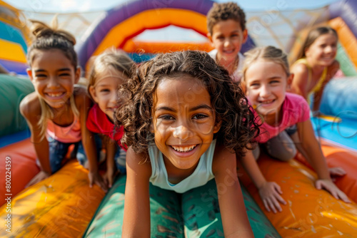 Joyful children enjoying the inflatable bounce house under the summer sun