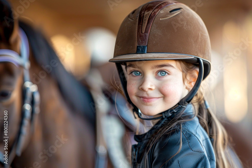 Joyful young equestrian posing for the camera during horseback riding lesson in helmet © Fernando Cortés