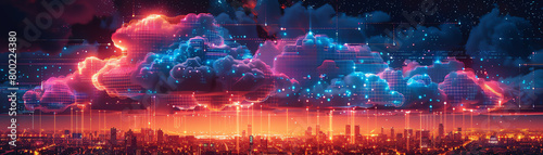 A detailed depiction of a cloud system s backend with technicians monitoring data flows