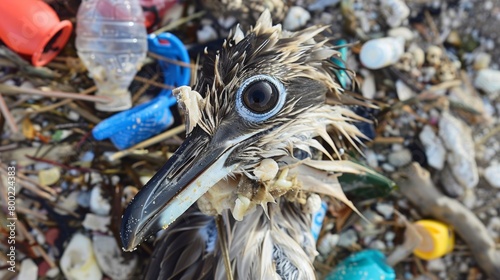 A dead bird with a plastic cap lodged in its throat, urging viewers to consider the consequences of plastic waste photo