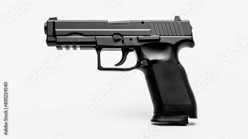 Black handgun isolated against a stark white background