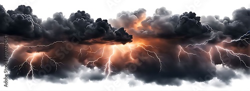  Black storm clouds with lightnings and smoke isolated on white background.  photo