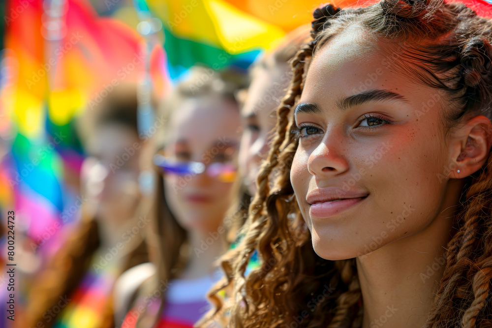 Obraz premium Diverse and Proud: Young Activists Unite for LGBTQ+ Rights at Pride Month Parade