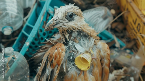 A dead bird with a plastic cap lodged in its throat, urging viewers to consider the consequences of plastic waste photo