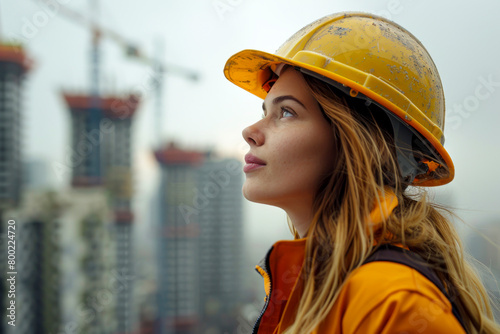 Urban Development: Portrait of a Female Construction Worker with Safety Helmet and City Buildings Under Construction photo