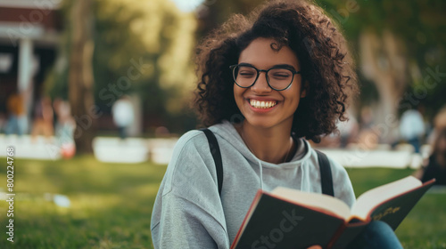 Jovem mulher universitária feliz lendo um livro no Campus da universidade   photo