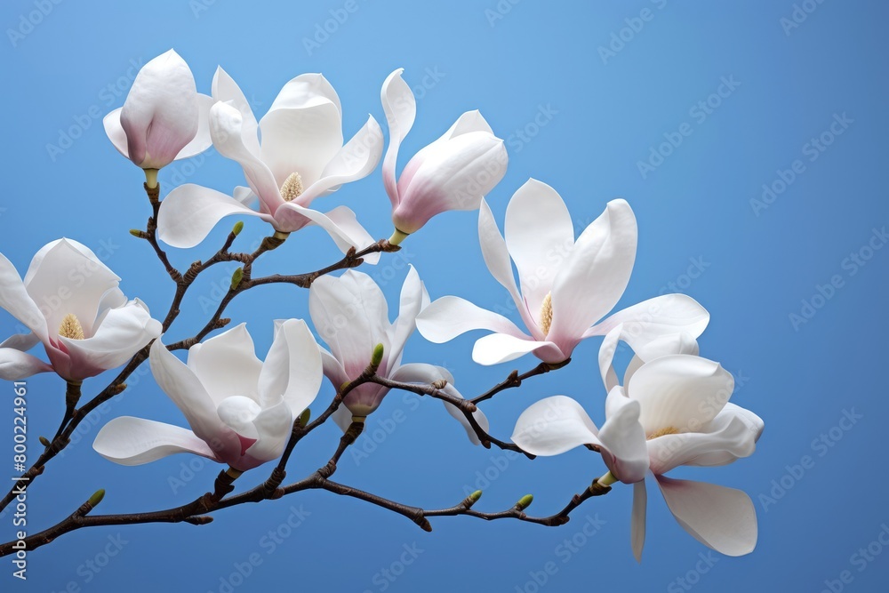 Blooming white and pink close-up flowers of magnolia on a branch with young leaves, growing in spring park or botanical garden, with blurred blue background