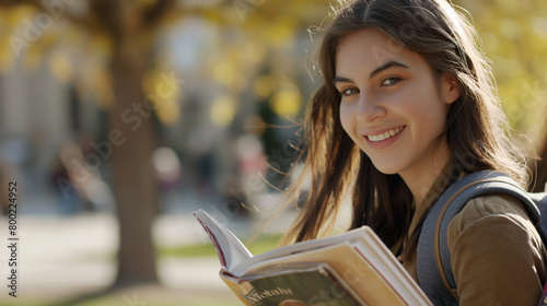 Jovem mulher universitária feliz lendo um livro no Campus da universidade   photo