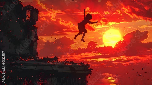 A person in silhouette takes a daring leap across buildings against a dramatic orange sky in a dystopian cityscape scene, Digital art style, illustration painting.