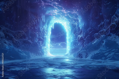 Frosty fantasy realm with neon glow, icy gateway beckons in polar expanse. 3D winter wonderland awaits. photo