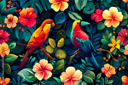 Tropical Paradise: Vibrant Rainforest Seamless Pattern with Birds and Flowers © Fernando Cortés