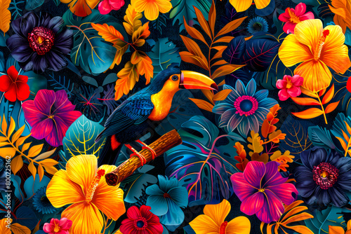 Tropical Paradise  Vibrant Rainforest-Inspired Seamless Pattern with Birds and Flowers