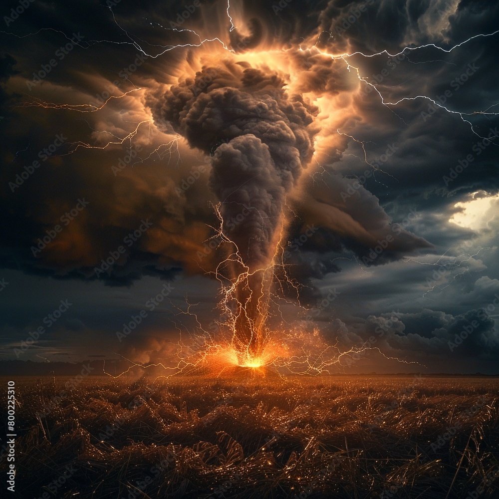 A dramatic scene of a tornado with lightning flashing in the dark ...