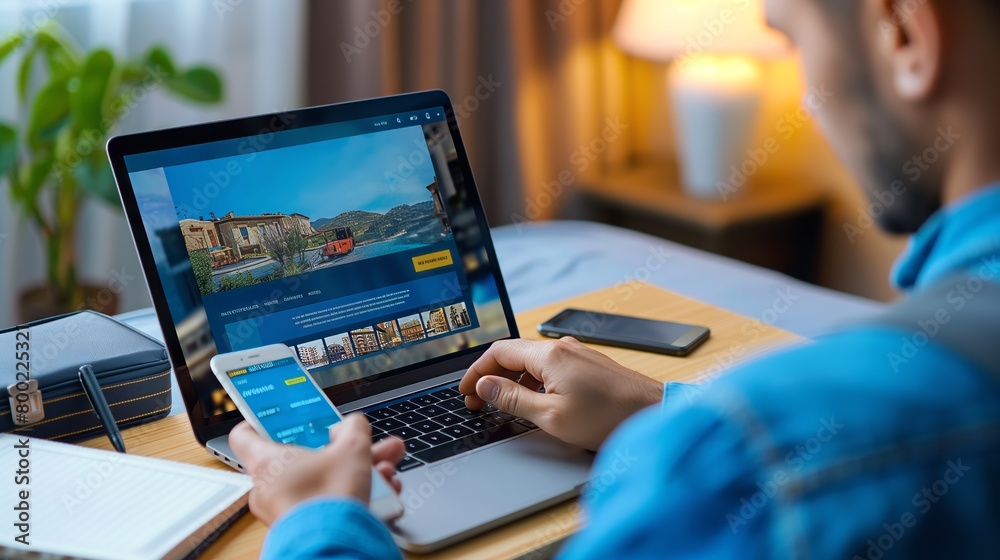 A man is using a laptop and a cell phone, both electronic devices