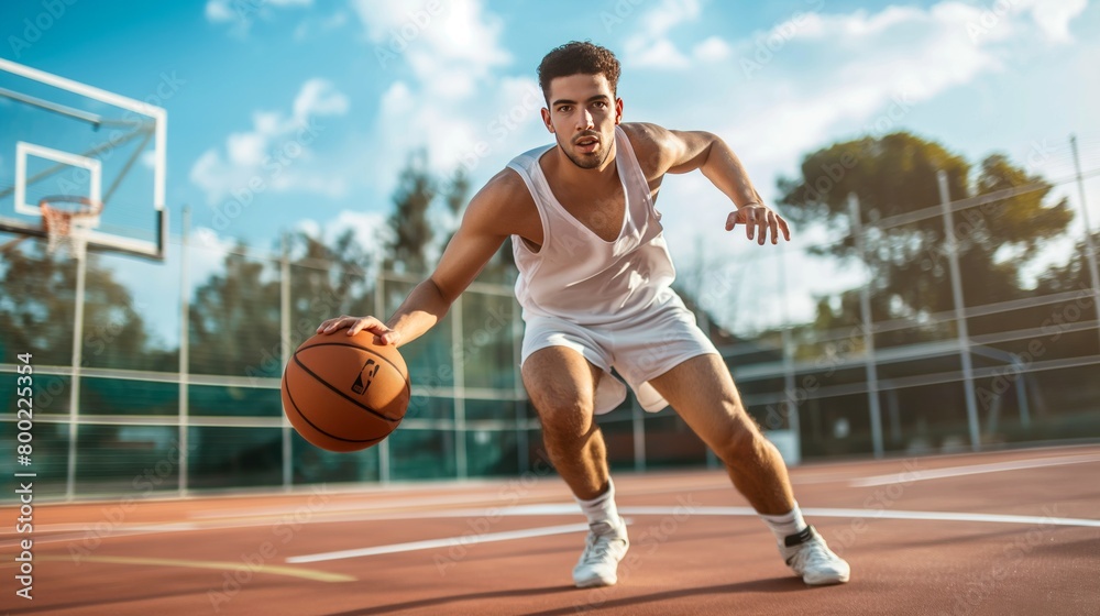 A man dribbles a basketball on a court under a cloudy sky A man dribbles a basketball on a court under a cloudy sky