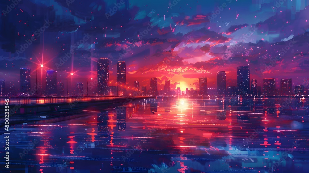An impressionistic view of a bustling futuristic cityscape at night, reflected beautifully across calm water with vibrant red and blue lights, Digital art style, illustration painting.