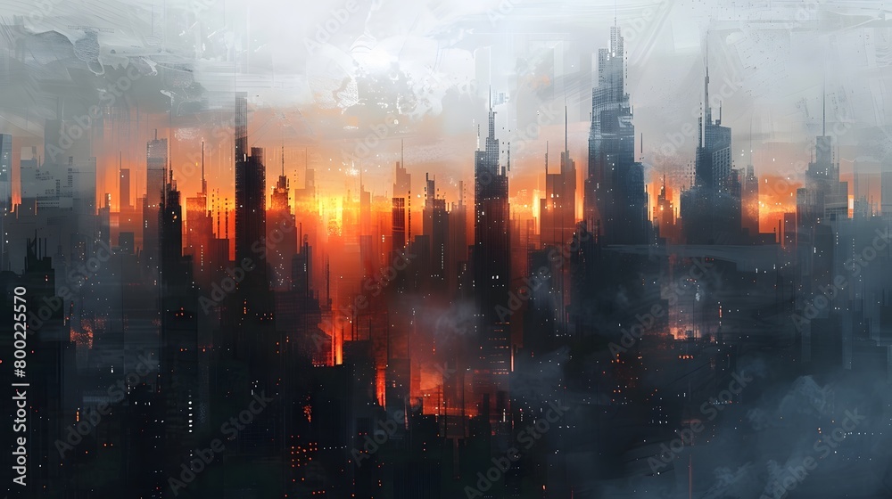 Fototapeta premium An abstract, dystopian cityscape emerges through a smoky haze, with the fiery glow of dawn casting silhouettes of skyscrapers into sharp relief, Digital art style, illustration painting.