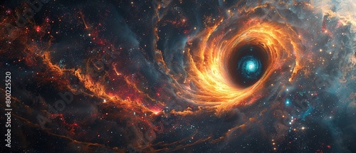A multicolored singularity within a black hole, depicted against an abstract bright cosmic background in outer space