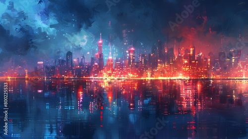 An impressionistic view of a bustling futuristic cityscape at night  reflected beautifully across calm water with vibrant red and blue lights  Digital art style  illustration painting.