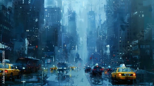 A cyberpunk city comes to life on a rainy night, with neon lights reflecting off wet streets crowded with taxis and glowing skyscrapers, Digital art style, illustration painting. photo
