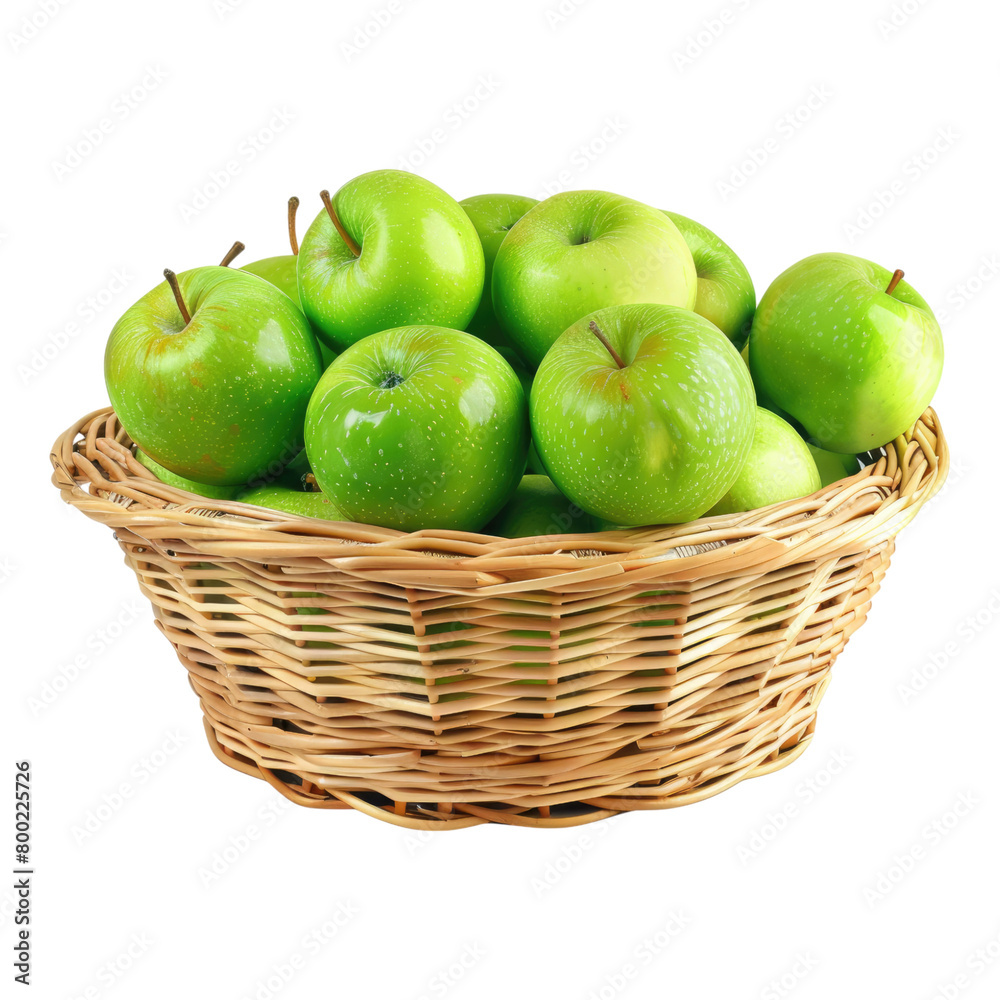 Fresh green apple in a wicket basket isolated on transparent background Fresh green apple in a wicket basket isolated on transparent background