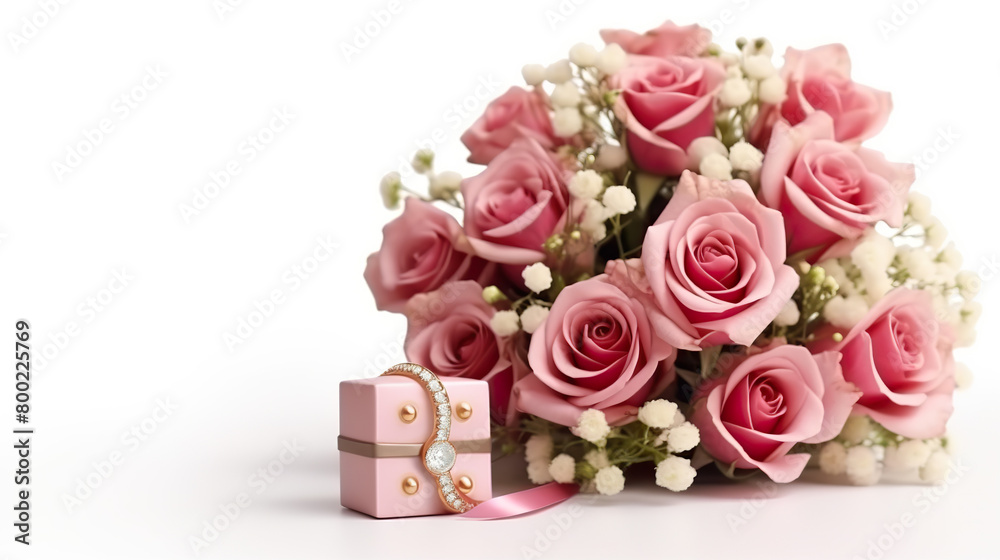 Isolated on a white background, a bouquet next to candies and a ring box Isolated on a white background, a bouquet next to candies and a ring box