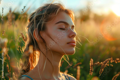 Visualizing Serenity: A young woman practicing calming techniques outdoors to combat anxiety photo