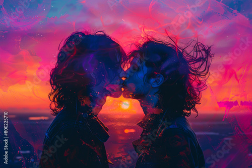 Synthwave Sunset Romance: Two Men Embracing in Colorful Kiss with Wind-Blown Hair