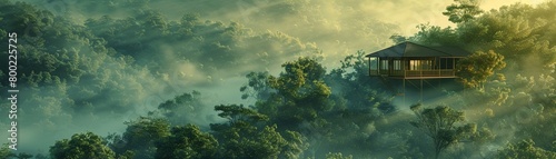 A serene landscape with a tree house, bathed in the soft morning light among green trees and calm fog 8K , high-resolution, ultra HD,up32K HD