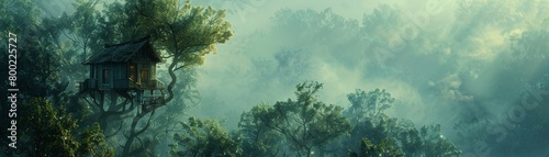 A serene landscape with a tree house  bathed in the soft morning light among green trees and calm fog 8K   high-resolution  ultra HD up32K HD