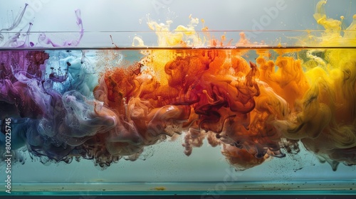 The formation of a colorful precipitate as two solutions are slowly mixed. photo