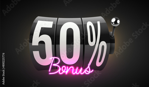 50 percent bonus. Black slot machine wins the jackpot. 777. Big win concept. Casino jackpot.
