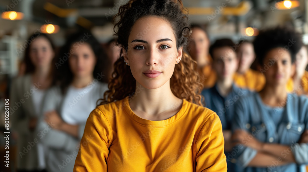 Young leader standing confidently in yellow with a diverse and focused team behind. Young leader standing confidently in yellow with a diverse and focused team behind.