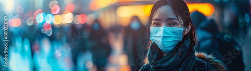 An abstract blurred background with a group of people wearing medical masks, representing an epidemic 8K , high-resolution, ultra HD,up32K HD