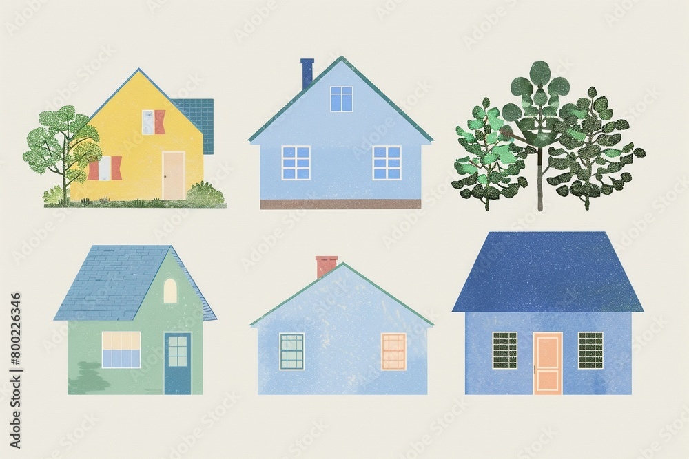 An assortment of illustrations showcasing simple houses, designed in flat minimalism style and isolated on a white background