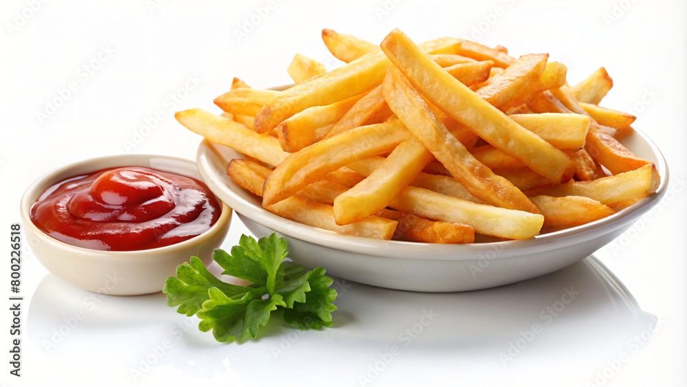 Fried potato chips with tomato sauce on a plate Fried potato chips with tomato sauce on a plate