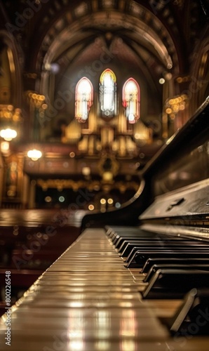 Beautiful piano in a church with stained glass window in the background creating a peaceful atmosphere