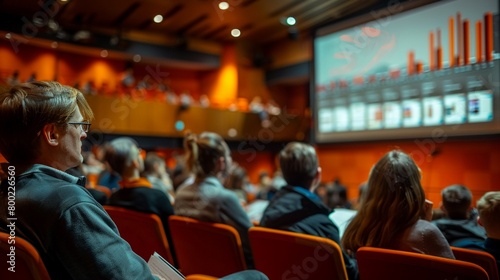 Documents with diagrams projected on a screen in an auditorium, with the audience in the foreground