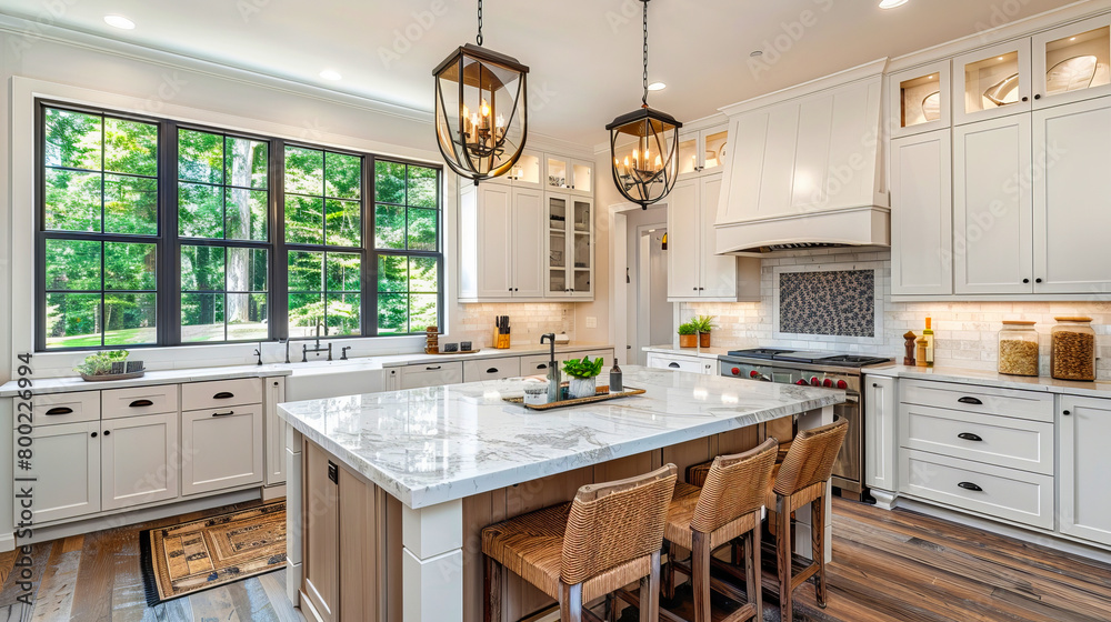 Fototapeta premium Classic kitchen with creamy white cabinets, marble island, and black-framed windows overlooking greenery.