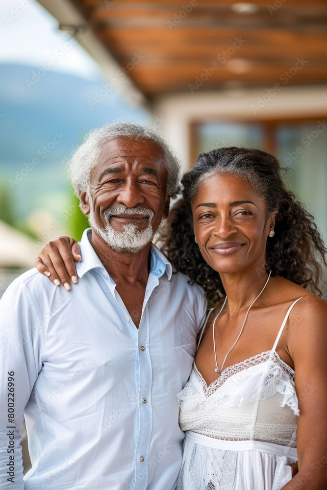 A joyful senior couple embraces outdoors, radiating love and happiness in their close bond
