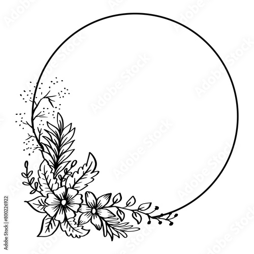 Round frame with flower design elements. Black and white