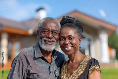 Elderly couple standing in the yard, embracing and smiling happily, enjoying their retired lifestyle