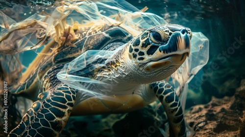 A heartbreaking image of a sea turtle entangled in a plastic bag, symbolizing the devastating impact of plastic pollution on marine life  © kamonrat